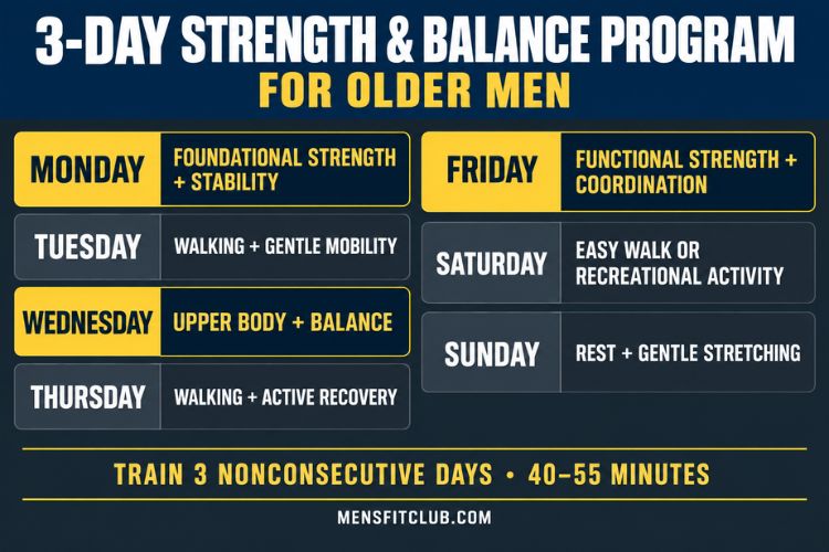 Infographic of showing the weekly schedule for a 3-day strength and balance program