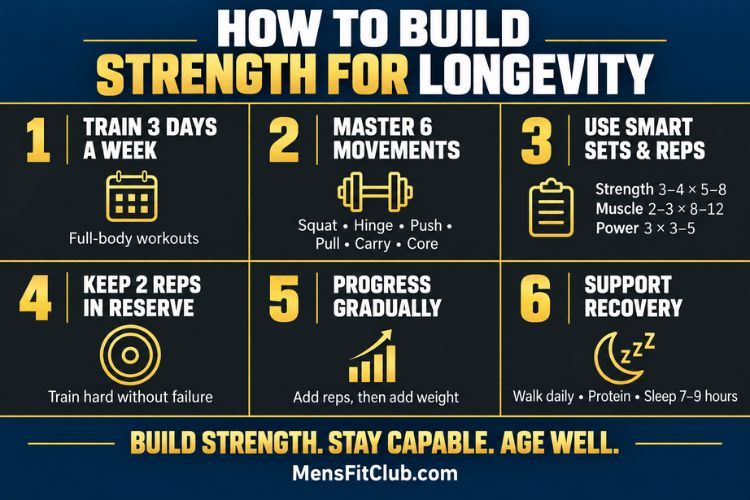 Infographic on How to Build Strength for longevity.