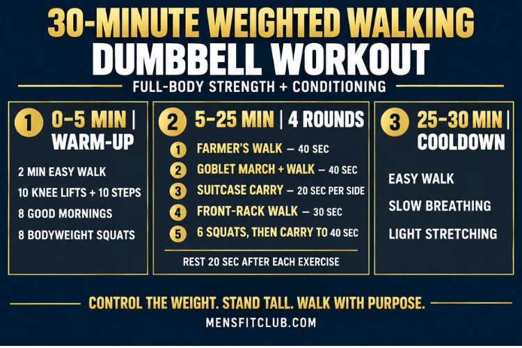 Infographic for 30 minute weighted walking dumbbell workout schedule and exercises.