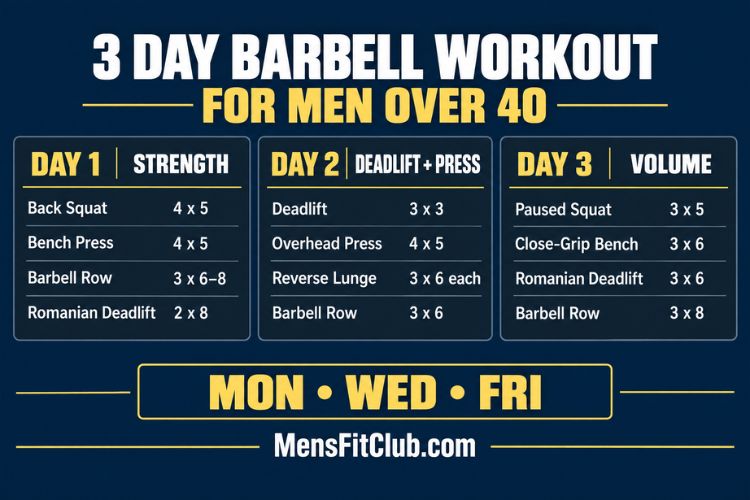 Infographic of 3 day barbell workout program for men over 40
