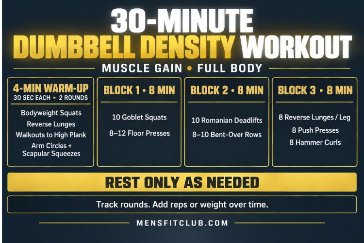 Infographic of 30 minute dumbbell density workout for muscle gain.