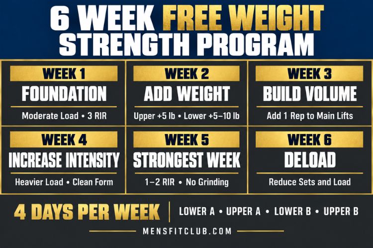 Infographic for 6 week free weight strength training program