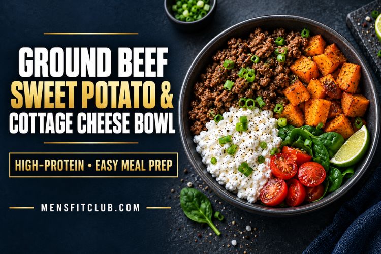 A delicious ground beef sweet potato bowl topped with a scoop of creamy cottage cheese and fresh parsley in a ceramic bowl.