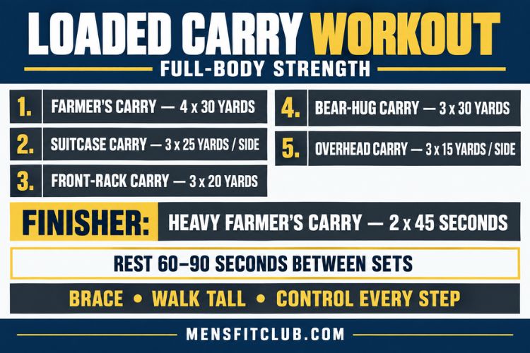 Infographic for loaded carry workout for full body strength.