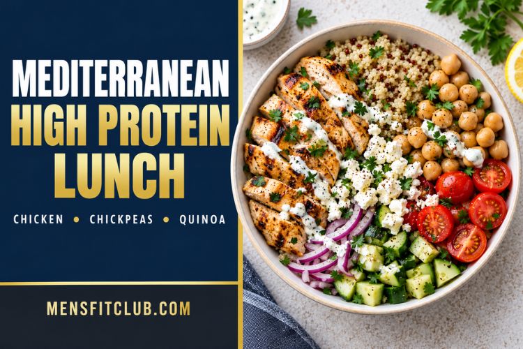 Mediterranean high protein lunch including cherry tomatoes, cucumber, red onion, feta, and chickpeas