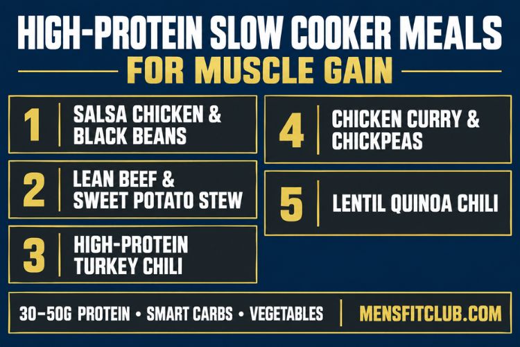 Save time and build muscle with these high-protein slow cooker meals for muscle gain. Includes bulk-prep burrito bowls, stews, and chili with 30-50g protein per serve.