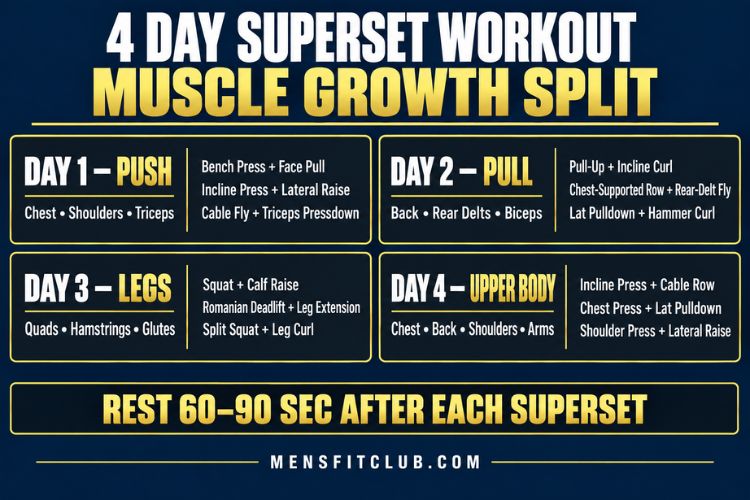 Infographic showing the 4 day superset workout split for muscle growth.