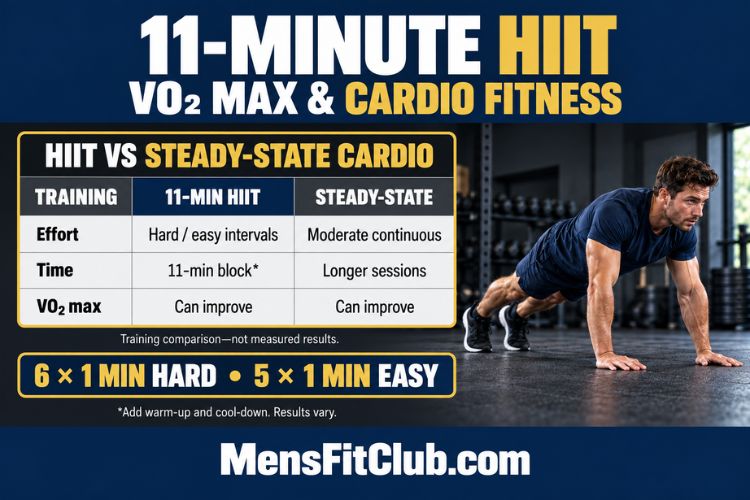 Infographic of a Chart comparing VO₂ max improvement results from an 11-minute HIIT routine versus steady-state cardio with a man performing burpees