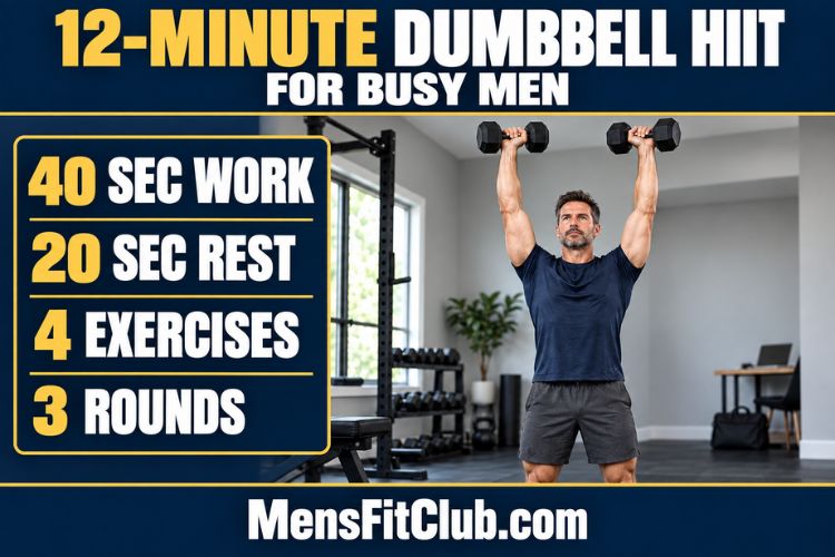 A busy Man performing dumbbell thrusters during a 12-Minute Dumbbell HIIT Workout