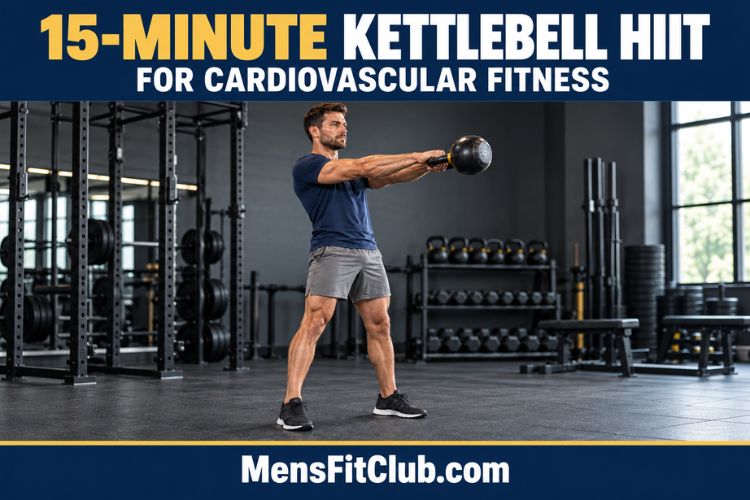 Man performing a kettlebell swing during a 15-minute HIIT workout for cardiovascular fitness