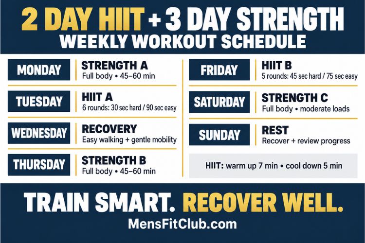 Infographic showing a 2 day HIIT and 3 day strength weekly workout schedule