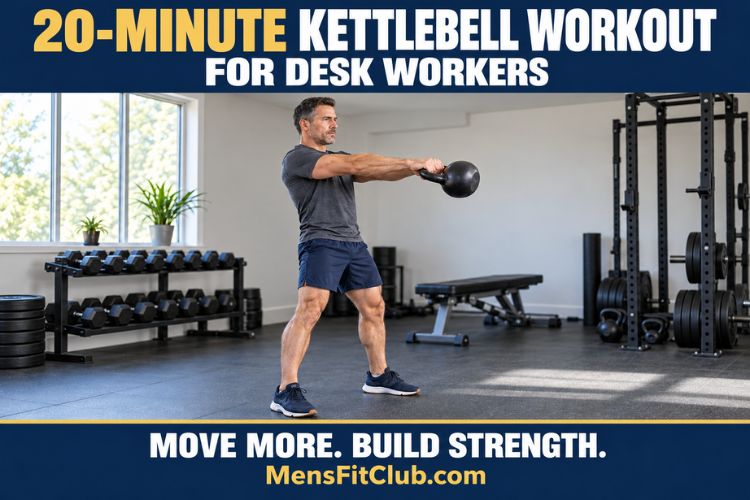 Man performing a kettlebell swing in a home gym demonstrating a 20-minute workout for desk workers