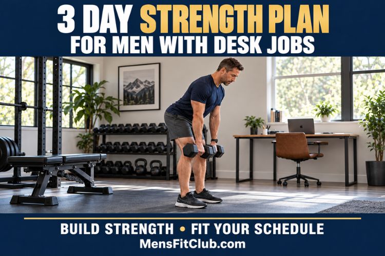Man with a desk job performing a dumbbell workout in a home gym during a 3 Day Strength Plan.
