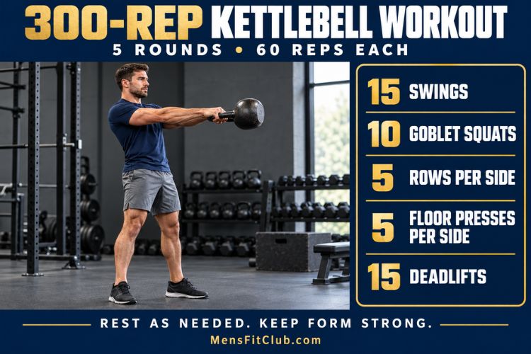 A Man doing a two-handed Russian kettlebell swing as part of 300-Rep Kettlebell Workout circuit