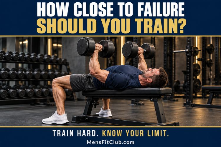A Man performing a dumbbell bench press set to failure demonstrating high-intensity training for How Close to Failure Should You Train
