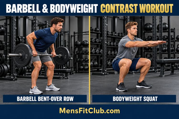 two men Side-by-side comparison of a barbell bent-over row and a bodyweight squat for Barbell and Bodyweight Contrast Workout