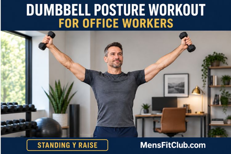 Man doing Standing Y raise exercise with dumbbells during a Dumbbell Posture Workout for Office Workers.