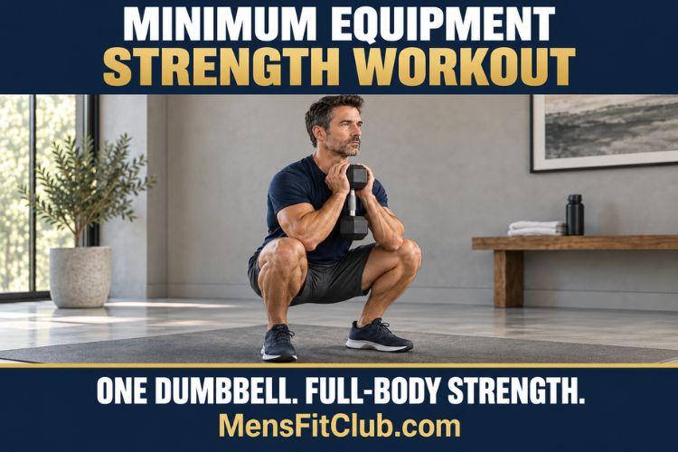 A Man performing dumbbell goblet squat as part of a minimum equipment strength workout