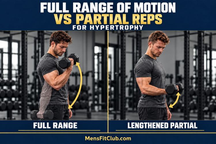 Men Side-by-side comparison of a bicep curl showing full range of motion versus a partial rep for Full Range of Motion vs Partial Reps for Hypertrophy