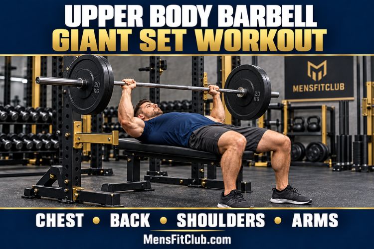 A Man performing a barbell bench press as part of a chest and triceps for Upper Body Barbell Giant Set Workout