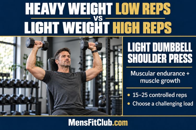 A Man performing shoulder press light weight high reps with dumbbells to improve muscular endurance and hypertrophy for Heavy Weight Low Reps vs Light Weight High Reps