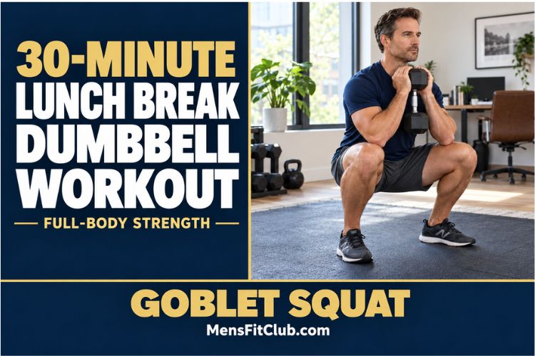 Man holding a single dumbbell in a goblet position performing a squat during a 30 minute full-body lunch workout.