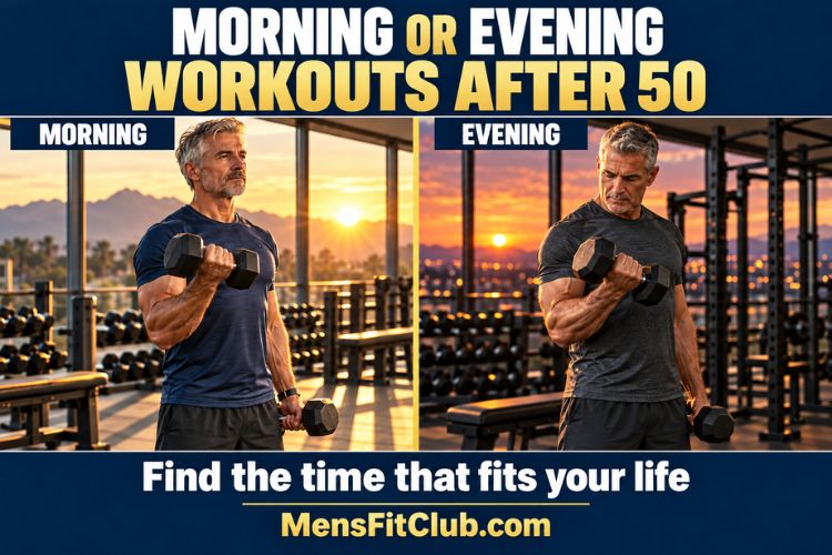Split image of tow men in the gym comparing a sunrise and sunset to represent morning vs. evening workout times doing strength training with dumbbells for Morning or Evening Workouts After 50