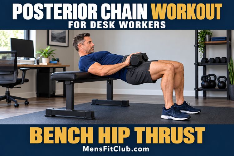Man Desk worker performing a hip thrust on a bench lower back during a Posterior Chain Workout for Desk Workers.