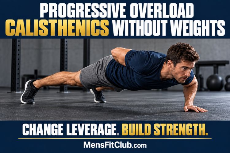 A Man a performing one arm push-up demonstrating how to increase leverage for Progressive Overload Calisthenics Without Weights