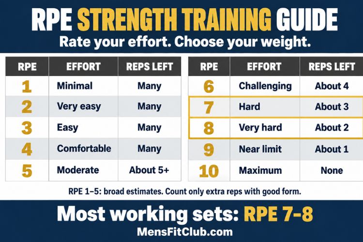 Infographic showing the RPE scale chart for strength training, ranging from 1 to 10