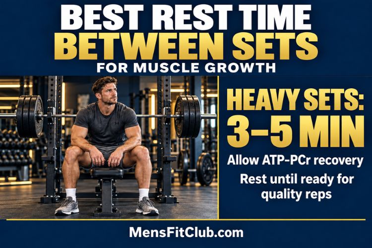 A Man resting on a bench press, preparing for a heavy set requiring 3-5 minutes of rest for ATP recovery for Best Rest Time Between Sets for Muscle Growth