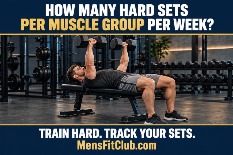 A Man performing a hard set of dumbbell bench presses, demonstrating proper form for How Many Hard Sets Per Muscle Group Per Week