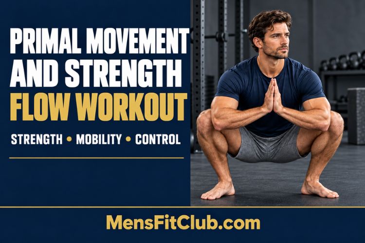 A Man performing a deep primal squat during a strength flow workout for Primal Movement and Strength Flow Workout