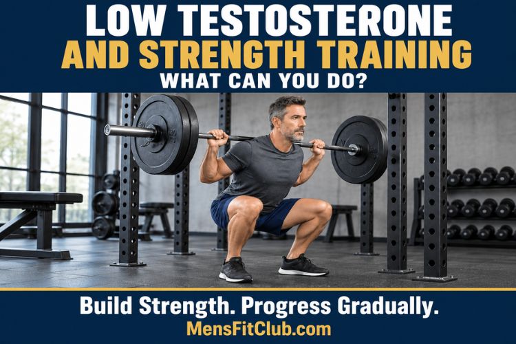 A Man performing a barbell squat as part of a strength training routine for Low Testosterone and Strength Training What Can you Do