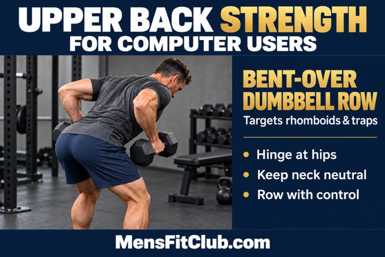 Man doing Bent-over dumbbell row targeting the rhomboids and traps as part of an upper-back workout for computer users.