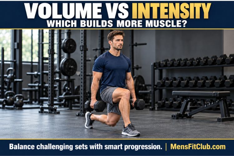 A Man performing high-rep dumbbell lunges for Volume vs Intensity Which Builds More Muscle