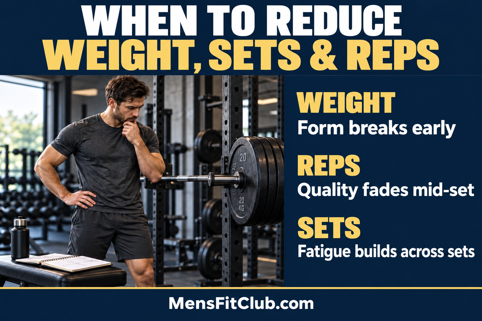 A man weightlifter deciding whether to reduce weight on a barbell or Reduce Sets and Reps during a weight workout