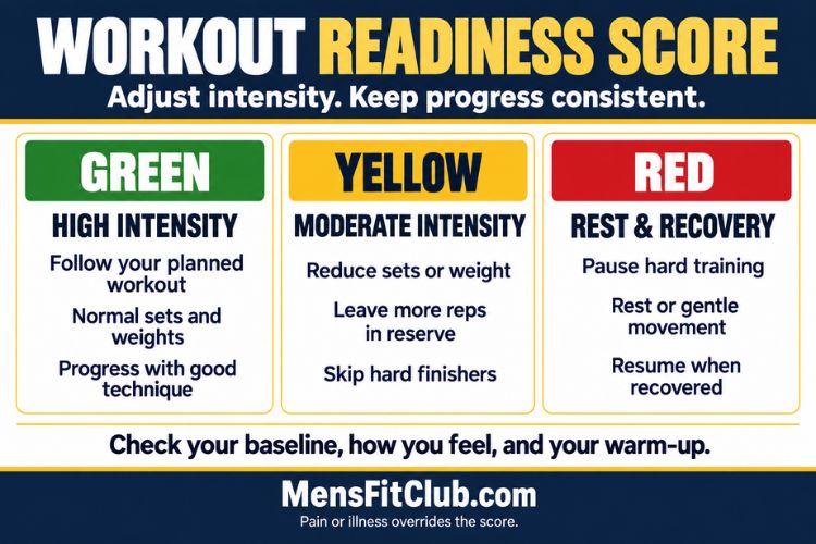 Infographic explaining how to adjust workouts using a readiness score system green for high intensity, yellow for moderate, and red for rest