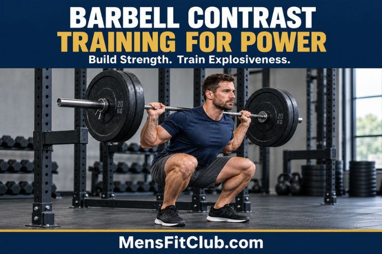 A man performing barbell back squat during barbell contrast training workout.