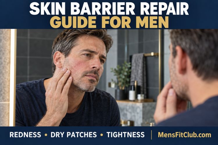 A man examining his face in the mirror, showing signs of a damaged skin barrier like redness and dry patches and how to repair.