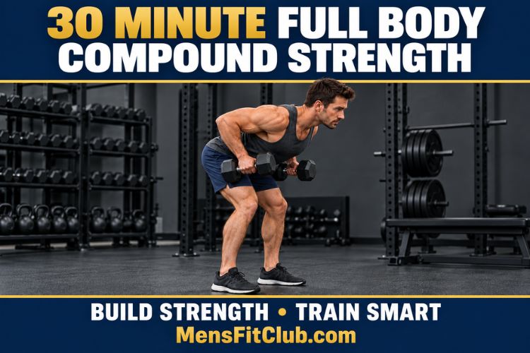 A Man doing dumbbell row, engaging the core and back muscles during a 30 minute full body compound strength workout