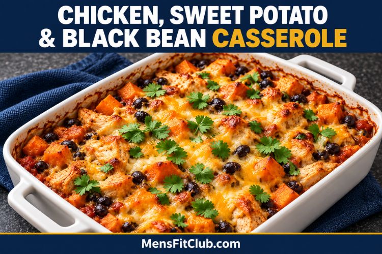 A golden brown chicken, sweet potato, and black bean casserole in a white baking dish, topped with melted cheese and fresh cilantro