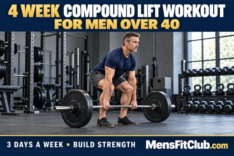 A Middle-aged man executing a deadlift focusing on compound strength training during a 4 Week Compound Lift Workout for Men Over 40