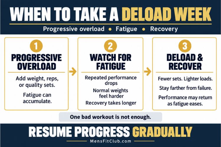 Infographic showing the relationship between progressive overload, fatigue, and performance recovery during a deload week.