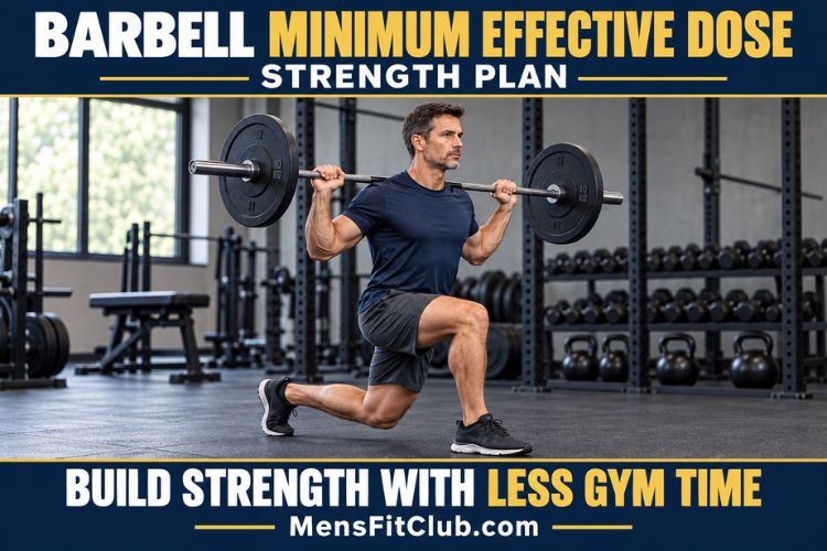 A Man performing barbell reverse lunges for Barbell Minimum Effective Dose Strength training Plan