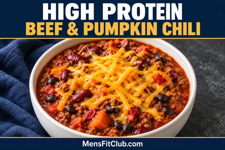 A white bowl filled with high protein beef and pumpkin chili, topped with shredded cheese