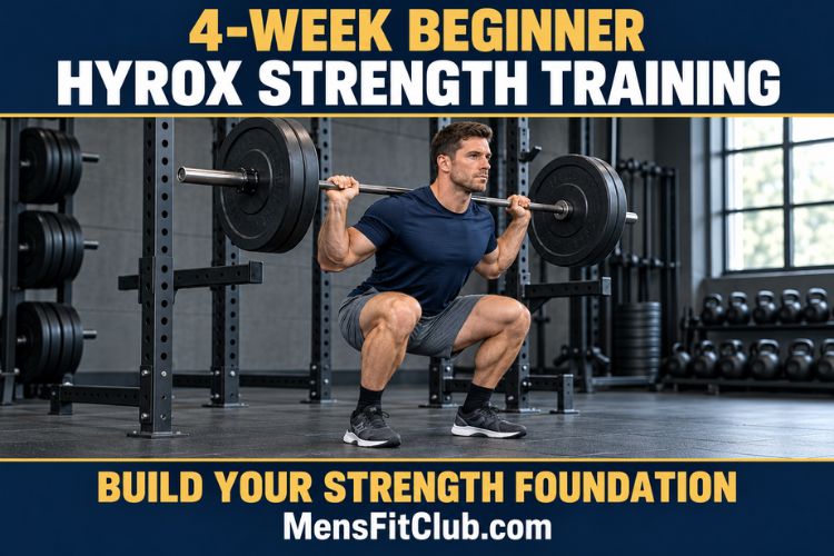A Man performing a barbell squat during a 4-week beginner Hyrox strength training session.