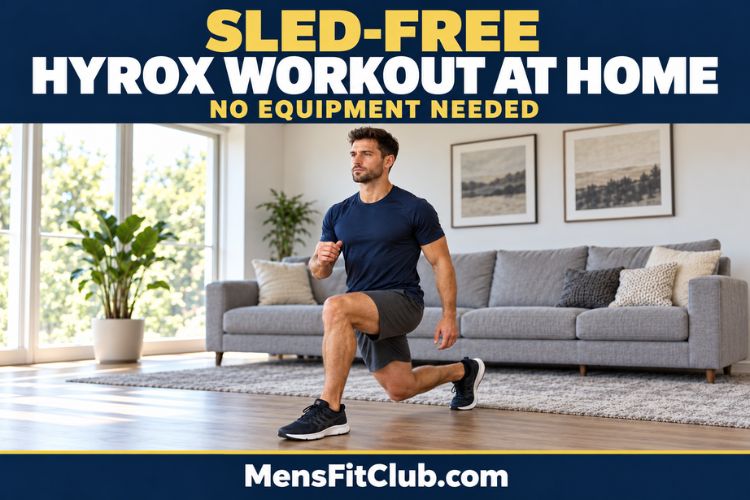 A man performing a sled-free Hyrox workout without equipment in a home living room setting.