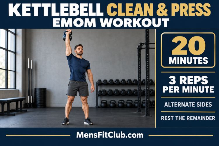 A Man performing a kettlebell clean and press during an EMOM workout.