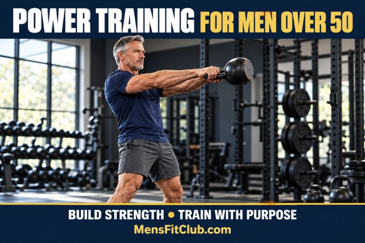 A Fit man over 50 performing a kettlebell swing for power training workout in a gym.